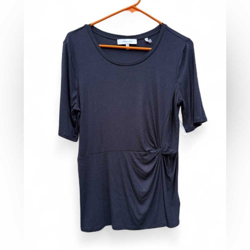 Lark & Ro Women's Crew Neck Side Knot Detail Short Sleeve Top Navy Blue Size M